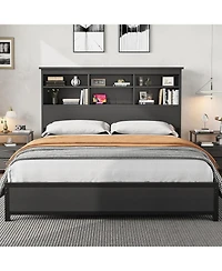 gaomon Queen Size Bed Frame with Bookcase Headboard, 2-Tier Storage Platform, Usb Charging Station, No Box Spring, Easy Assembly