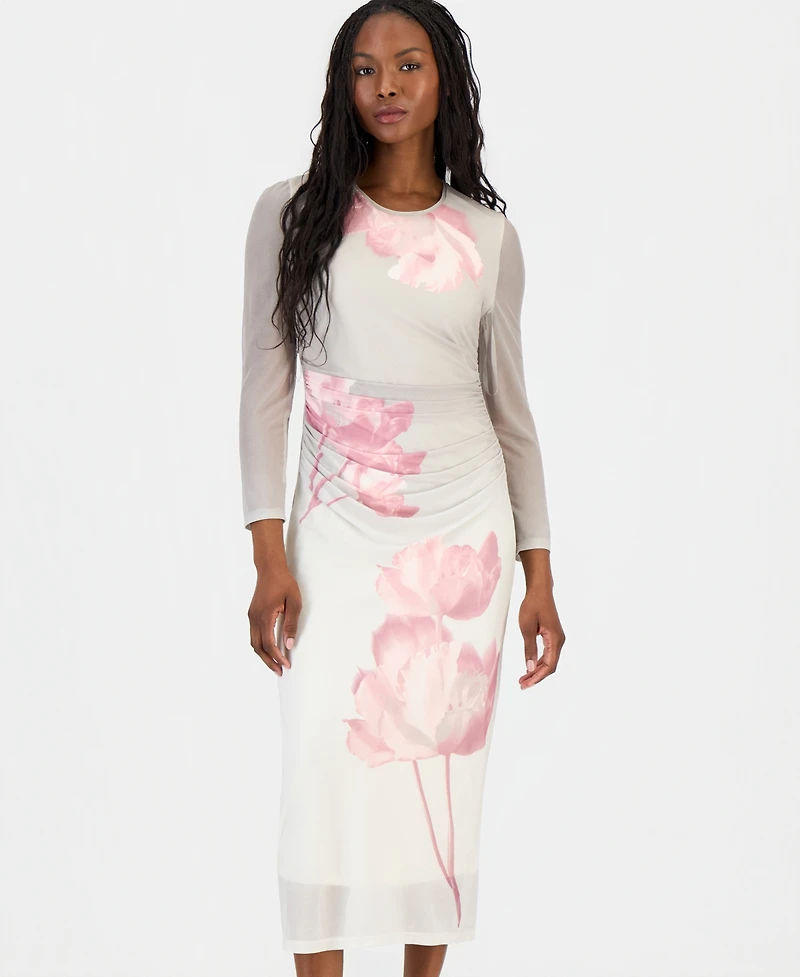 Anne Klein Petite Ruched Printed Mesh Midi Dress