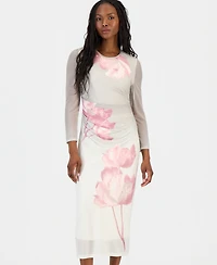 Anne Klein Petite Ruched Printed Mesh Midi Dress