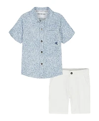 Calvin Klein Boys' 2T-7 Printed Poplin Button-Front Shirt and Twill Shorts, 2-Piece Set