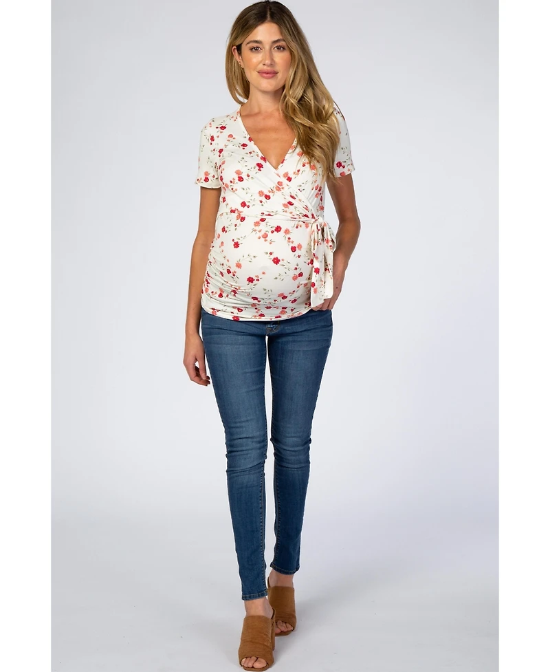 Pinkblush Maternity Ivory Floral Wrap Fitted Maternity/Nursing Top