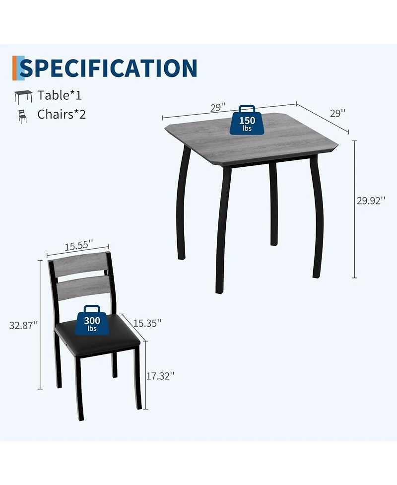 gaomon 3Pcs Dining Table Set for 2, Small Kitchen with 2 Upholstered Chairs and Metal Frame & Wood Tabletop, Apartment, Home