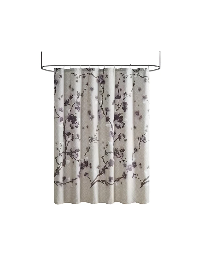 Slickblue Cotton Shower Curtain with Purple Grey Beige Floral Blossom Pattern