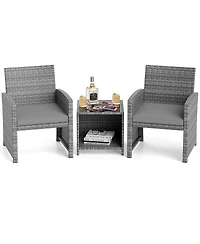 Costway 3 Pcs Patio Furniture Set with Tempered Glass Coffee Table & Soft Seat Cushions