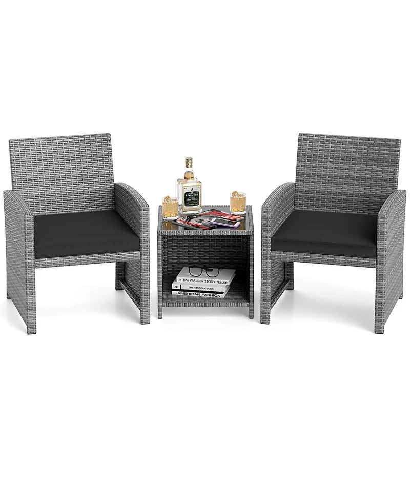 Costway 3 Pcs Patio Furniture Set with Tempered Glass Coffee Table & Soft Seat Cushions