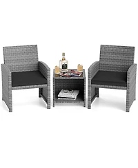Costway 3 Pcs Patio Furniture Set with Tempered Glass Coffee Table & Soft Seat Cushions