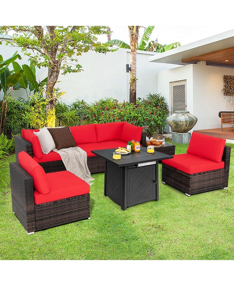 Costway 7 pieces Patio Furniture Set with 28" 50000 Btu Propane Gas Fire Pit Table Cushions