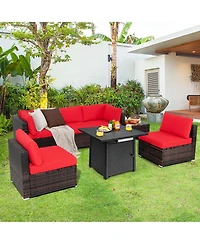 Costway 7 pieces Patio Furniture Set with 28" 50000 Btu Propane Gas Fire Pit Table Cushions