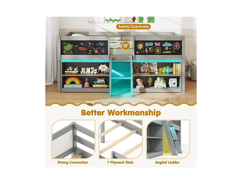 Slickblue Kids Low Loft Bed with Bookcases and Led Cabin Design