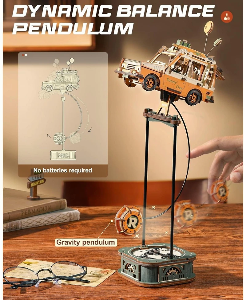 Robotime Pendulum Balance Toy, 3D Wooden Puzzles for Adults, Retro Road Tripper Car, Diy Craft Wood Puzzle Kit, Unique Gift for Men Women Festival