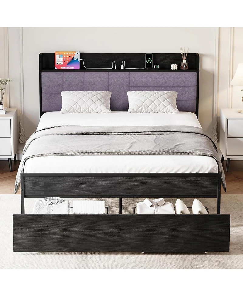 gaomon Full Bed Frame with Storage Drawers and Charging Station,Upholstered Headboard Bed with 2-Tier Storage Shelf, Metal Platform Bed Frame
