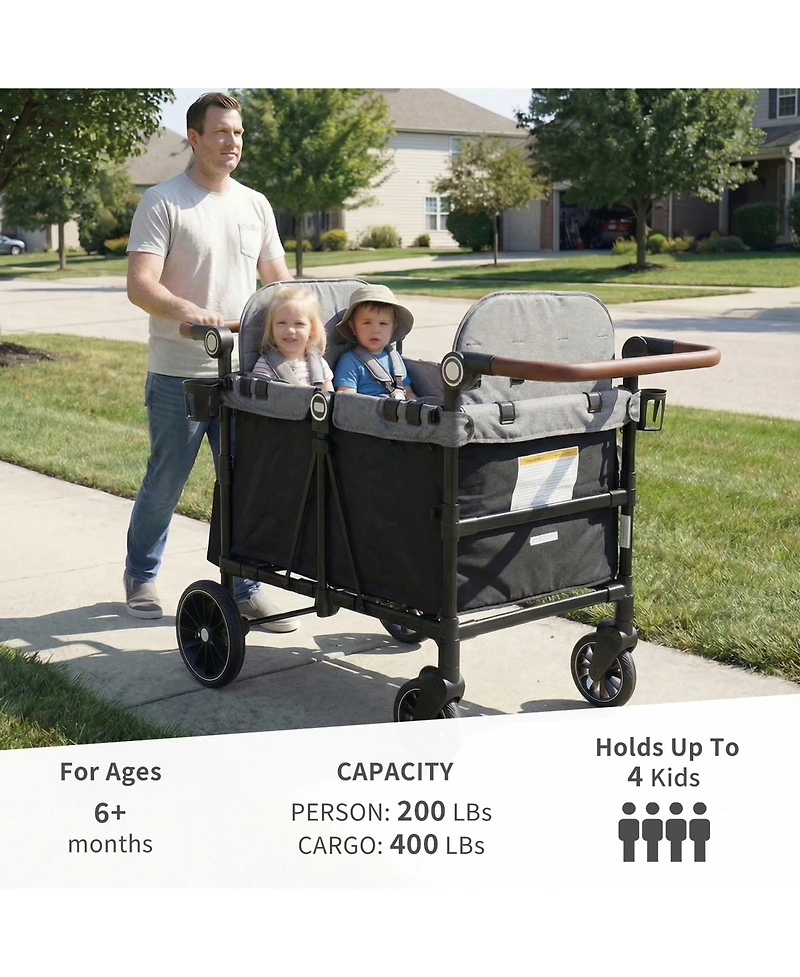 Kinder King All-Terrain 4-Seat Stroller Wagon with Canopy, Shock-Absorbing Wheels, Snack Tray, Storage Bag & Adjustable Handle