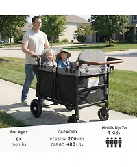 Kinder King All-Terrain 4-Seat Stroller Wagon with Canopy, Shock-Absorbing Wheels, Snack Tray, Storage Bag & Adjustable Handle