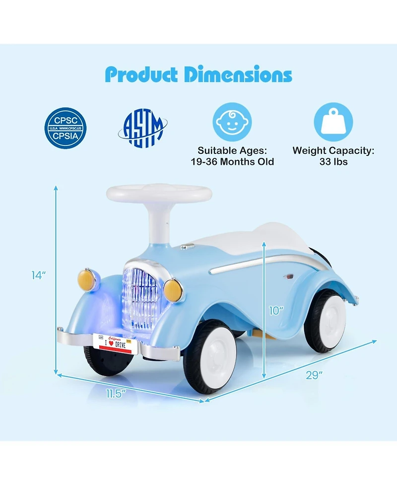 Mecale Toddler Ride on Toy Classic Sliding Car with Horn and Led Headlight