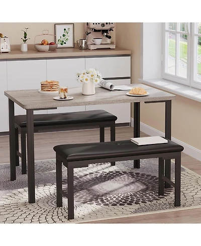 gaomon Dining Table Set for 4, 3Pcs Kitchen with 2 Benches 43.3" Farmhouse Breakfast Metal Frame Small Space