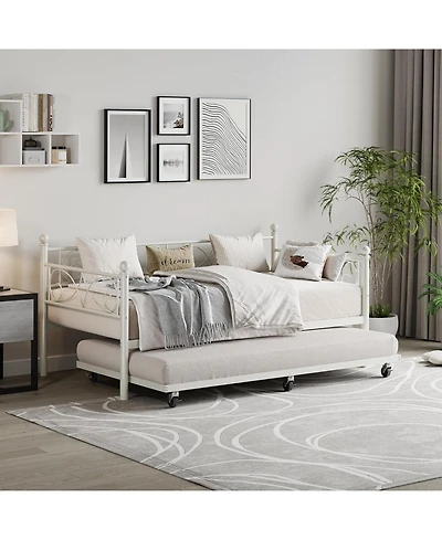 gaomon Twin Daybed with Trundle Bed, Space-Saving Metal Day Bed Frame with Floral Headboard and Heavy Duty Steel Slats