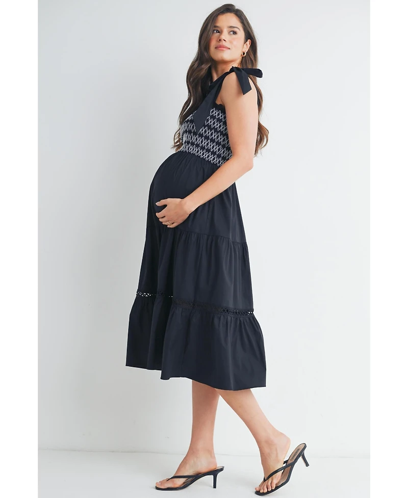 Hello Miz Maternity Smocked Empire Waist Midi Dress with Shoulder Ties