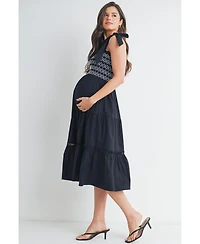 Hello Miz Maternity Smocked Empire Waist Midi Dress with Shoulder Ties