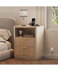 gaomon Fluted Nightstand with Charging Station, Mid Century Modern Fluted Nightstand