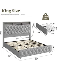 gaomon King Size Upholstered Platform Bed Frame with 4 Storage Drawers, Nailhead Trim Headboard, Led Lights & Charging Station
