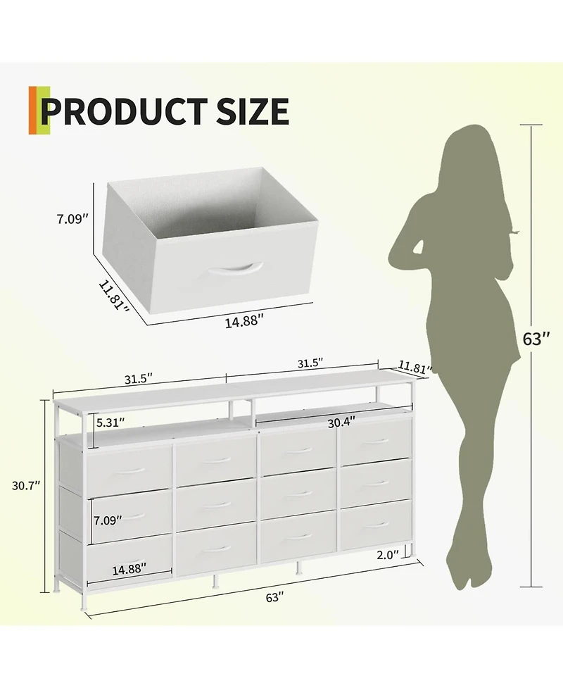 gaomon 63'' Fabric Long Dresser with 12 Drawers for Bedroom - Dresser Tv Stand for 55, 65