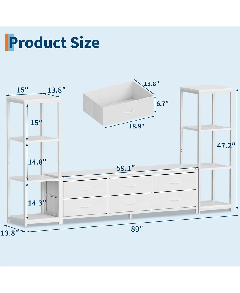 gaomon 88.9" Tv Stand for 75 Inch Tv, Entertainment Center with Fabric Drawers & 4-Tier Open Shelves, Modern Media Console