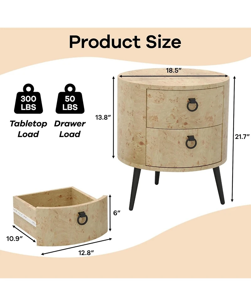 gaomon 2-Pack Round Side Table with Drawers, 188" Modern Farmhouse Bedside Table, Wood Accent Table with Metal Legs & 300lb Capacity for Living R