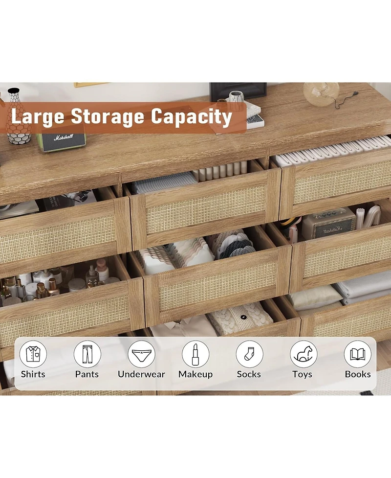 Gamon 9 Drawer Natural Farmhouse Rattan Dresser with Charging Station, Sturdy Wooden Storage Organizer for Bedroom Closet Entryway
