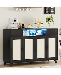 gaomon Rattan Sideboard Buffet Cabinet With Led Lights, 2 Drawers Doors Storage Cabinet, Modern Console Table Power Outlet & Adjustable Shelves