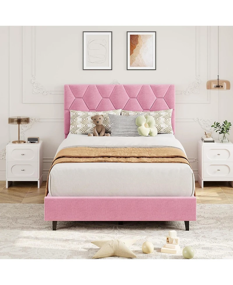 gaomon Bed Frame with Adjustable Headboard, Upholstered Platform Sturdy Wood Slats Support, No Box Spring Needed
