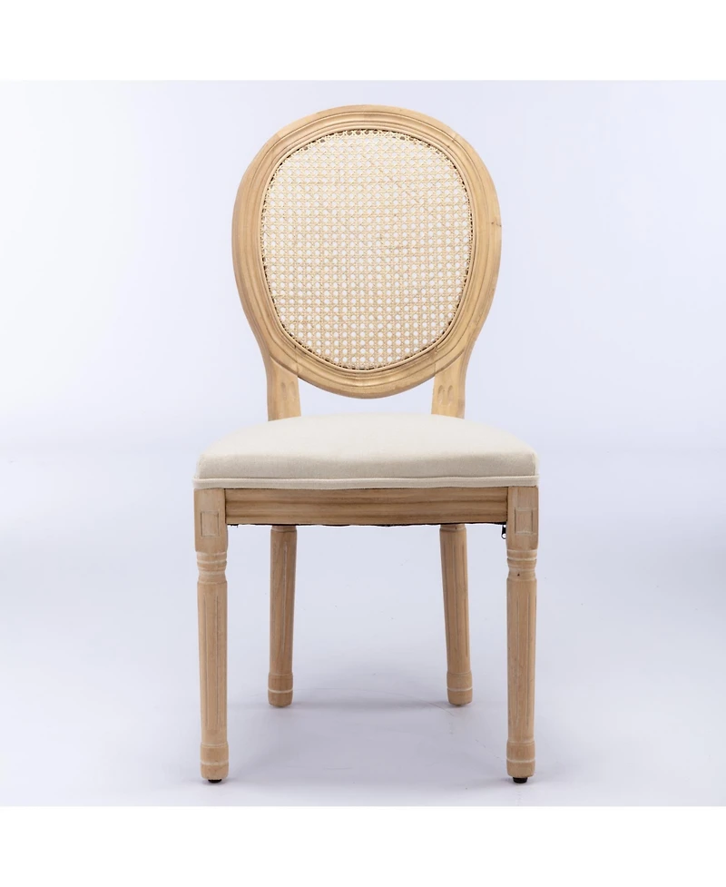 sumyeg French Style Solid Wood Frame Dining Chair with Linen Fabric and Rattan Back Set of 2