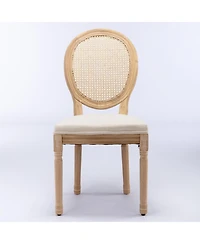 sumyeg French Style Solid Wood Frame Dining Chair with Linen Fabric and Rattan Back Set of 2