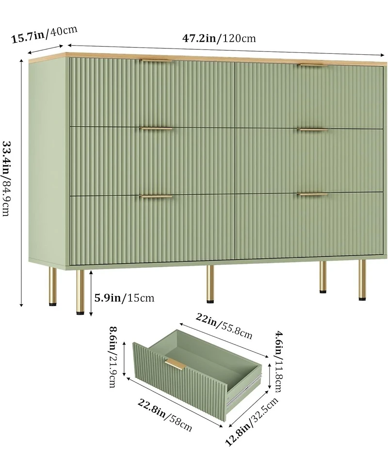 gaomon 6 Drawer Dresser for Bedroom Chest of Drawers, 47" Wide Fluted Dresser with Drawers, Modern Wooden Double Dressers with Metal Handles