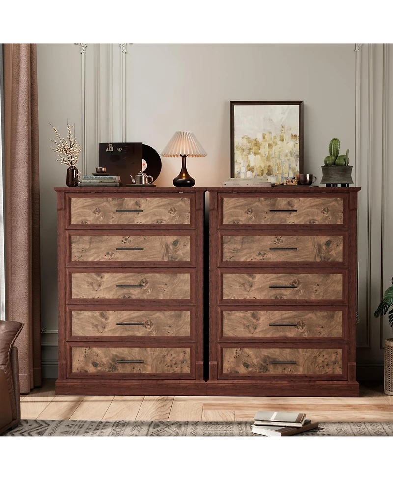 gaomon 5 Drawer Dresser for Bedroom, Farmhouse Tall Chest of Drawers with Metal Handles, Rustic Wooden Living Room