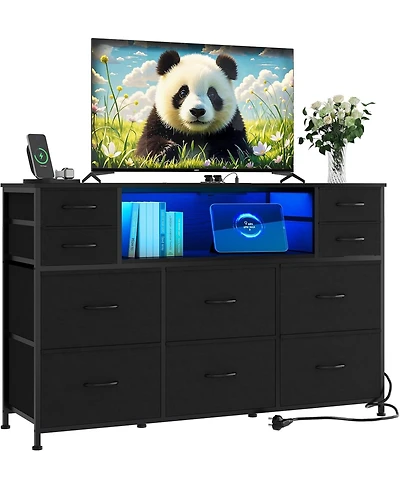 gaomon 10 Fabric Drawers Dresser with Led Lights, Entertainment Center with Charging Station, Wood Top, Open Shelves, Tv Stand for 40"-55" T