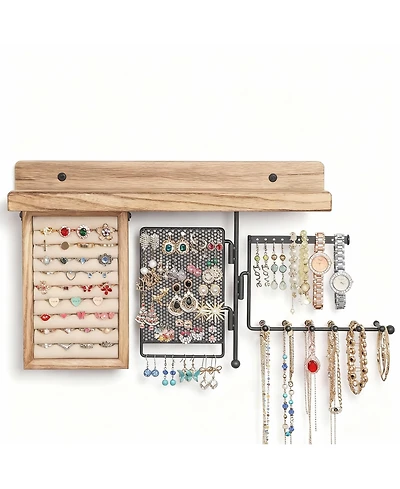 Yigii 4-in-1 Wall Hanging shelves: Wood Shelf, Ring Box, Peg Board, Rotating Necklace Rack