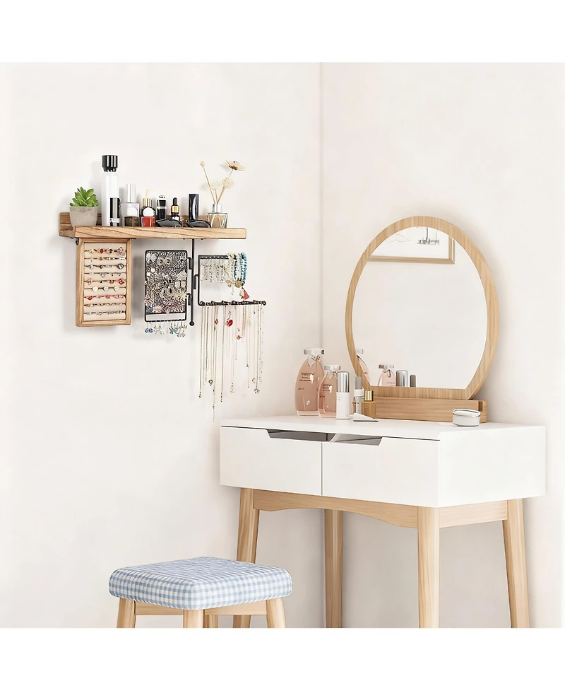 Yigii 4-in-1 Wall Hanging shelves: Wood Shelf, Ring Box, Peg Board, Rotating Necklace Rack