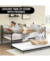 gaomon Modern Twin Daybed with Trundle and Backrest, Metal Sofa Bed Frame with Steel Slat Support and Art Sweet Heart Design,for Living Room