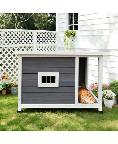 Aostirmotor Weatherproof Outdoor Cat House in Gray: Waterproof Roof & Ventilated Design with Metal Frame, Spacious Shelter