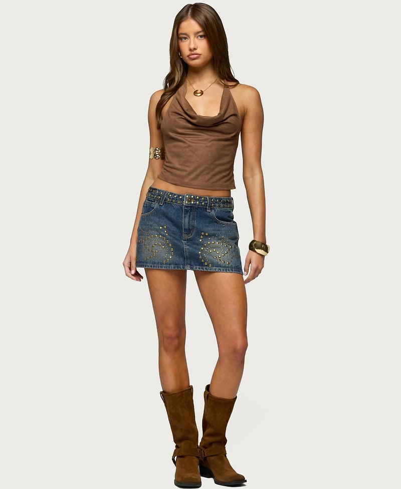 Edikted Women's Adeline Faux Suede Cowl Neck Halter Top