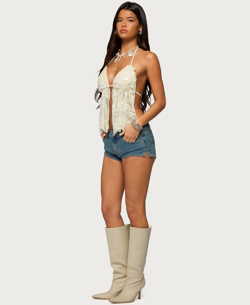 Edikted Women's Sequin Lace Split Front Backless Top