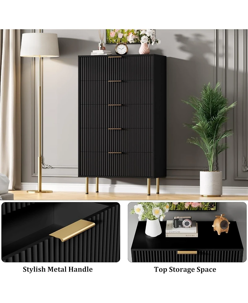 gaomon Dresser for Bedroom Chest of Drawers, Modern Wooden Wide Fluted with Drawers Metal Handles Living Room