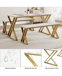 gaomon Kitchen Room Dining Table Set with Benches for 4, Sturdy Metal X Frame Space Saving