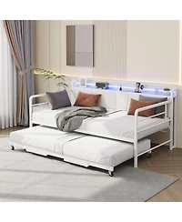 gaomon Daybed with Trundle and Led Light, Sturdy Metal Twin Size Bed Frame with Linen Upholstered Headboard and Charging Station, for Living Room
