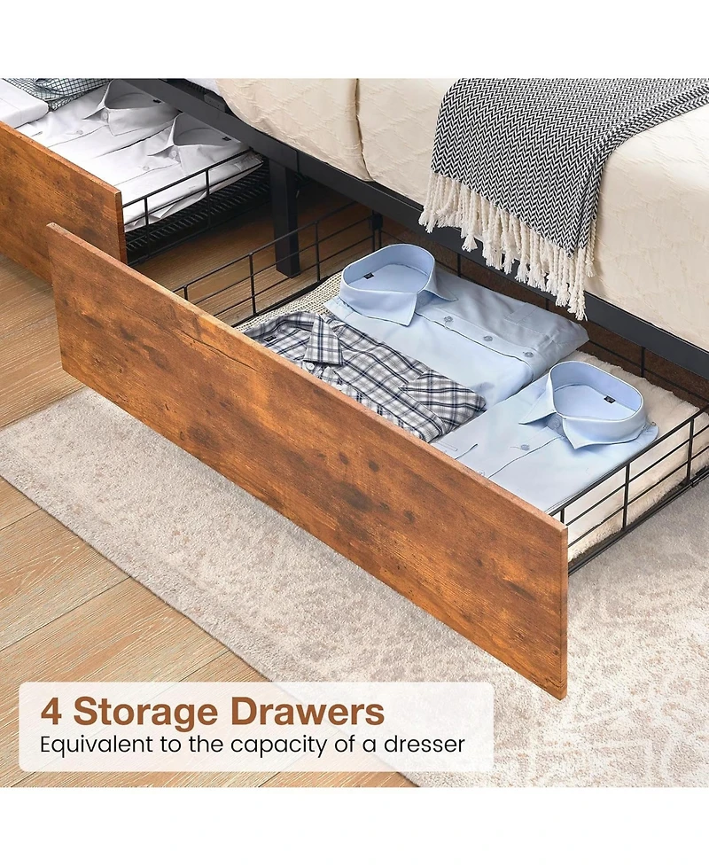 gaomon Queen Size Bed Frame with Storage Headboard, 4 Drawers, Charging Station, Led Lights & Metal Support, No Box Spring Needed