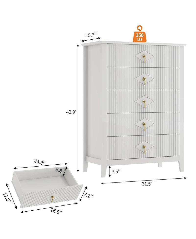 gaomon Fluted Dresser for Bedroom, 42.9" Tall 5-Drawer Wood Dresser, Modern Chest of Drawers, Storage Organizer Cabinet