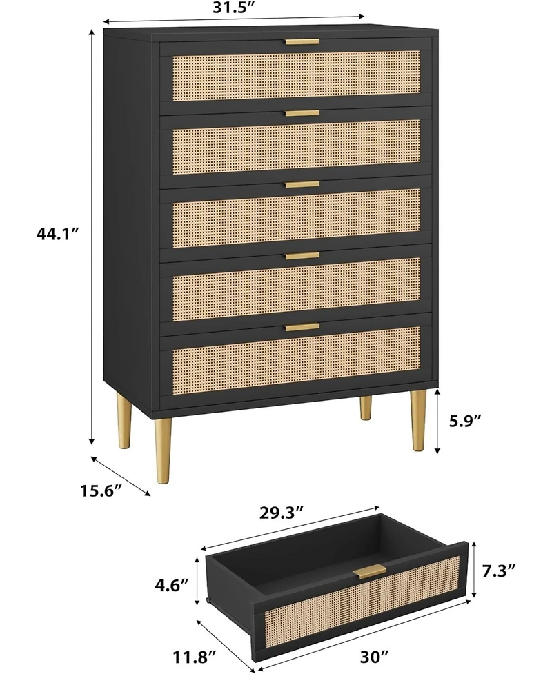 gaomon Rattan 5 Drawer Tall Dresser, Narrow Wooden Chest with Metal Legs & Handles for Bedroom