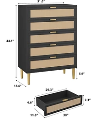 gaomon Rattan 5 Drawer Tall Dresser, Narrow Wooden Chest with Metal Legs & Handles for Bedroom