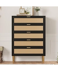 gaomon Rattan 5 Drawer Tall Dresser, Narrow Wooden Chest with Metal Legs & Handles for Bedroom