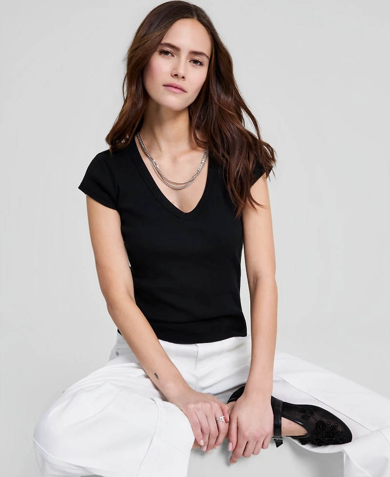And Now This Women's V-Neck Rib-Knit Short-Sleeve T-Shirt, Macy's Exclusive